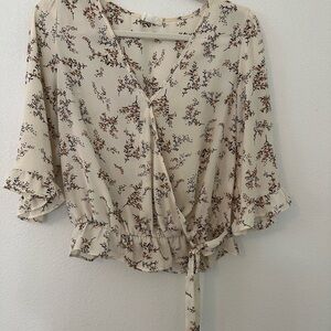 Sienna Sky Brown Tan Puff Sleeve Wrap Blouse